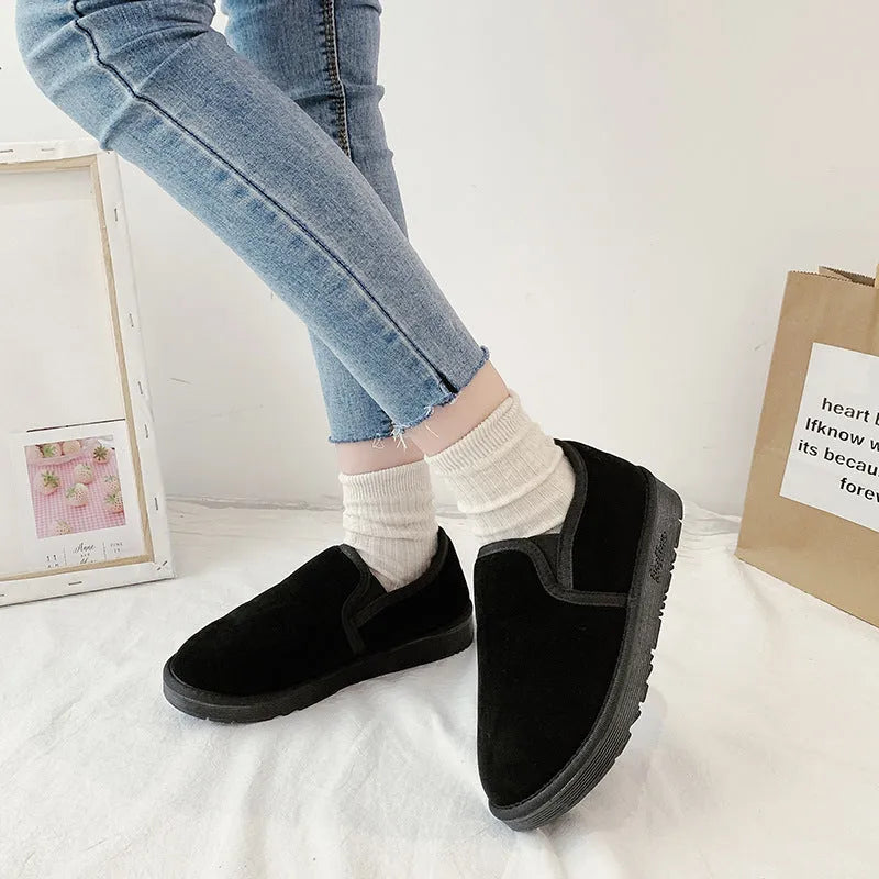 Fleece-lined casual snow boots with a flat rubber sole, shown in multiple colours.
