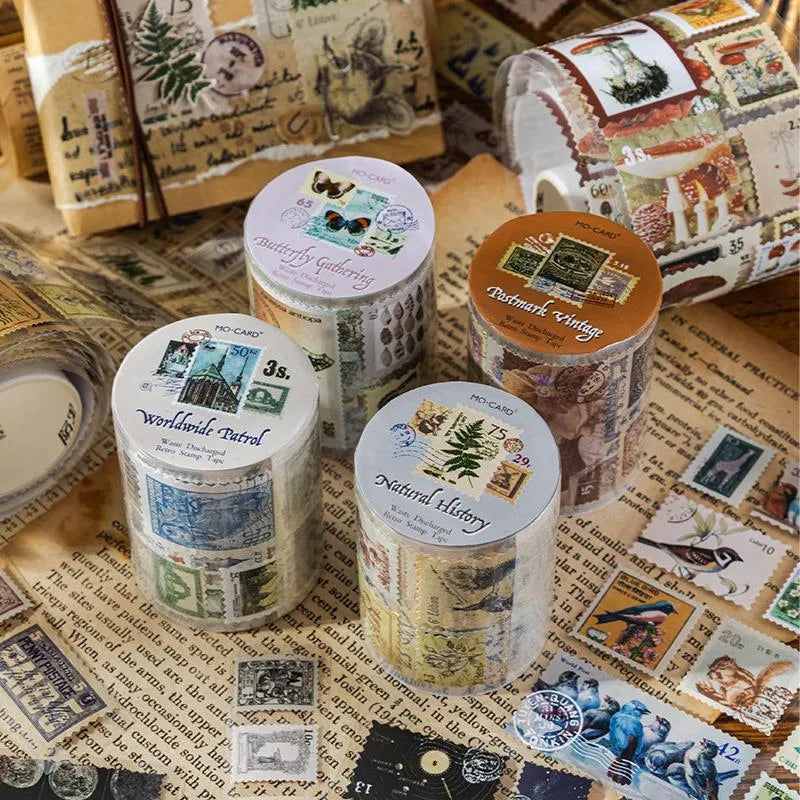 Roll of retro-design stamp stickers for journal decoration, 55mm wide.