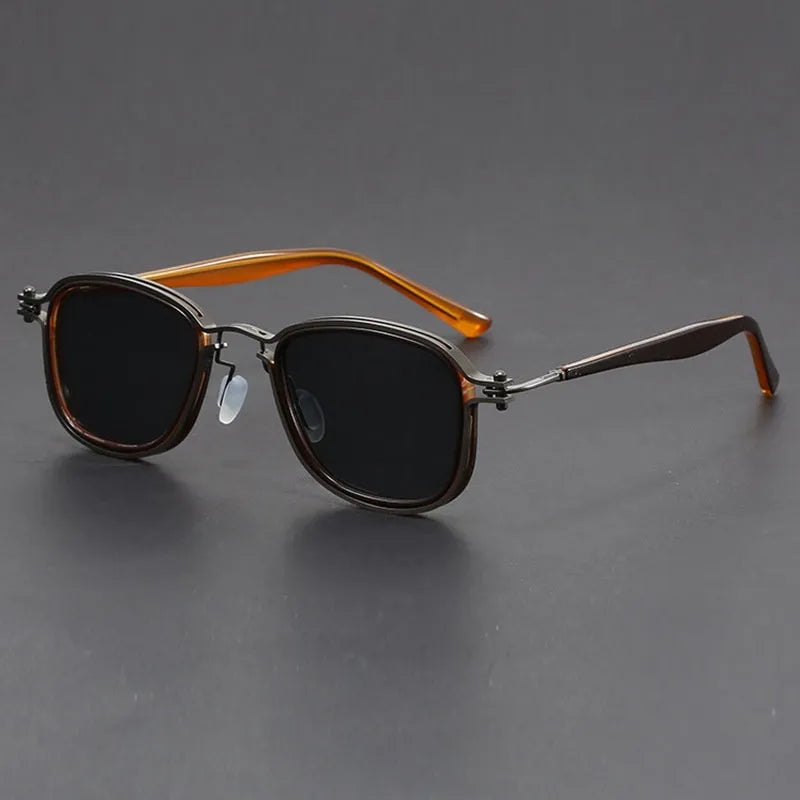 Retro square frame metal and plastic sunglasses with AC lenses in black gold colour