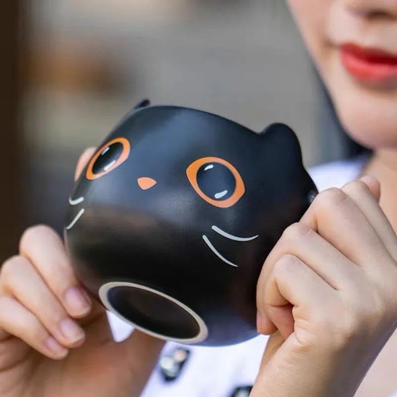Black ceramic cat-shaped mug with pumpkin-covered spoon lid, 355ml capacity couple gift set