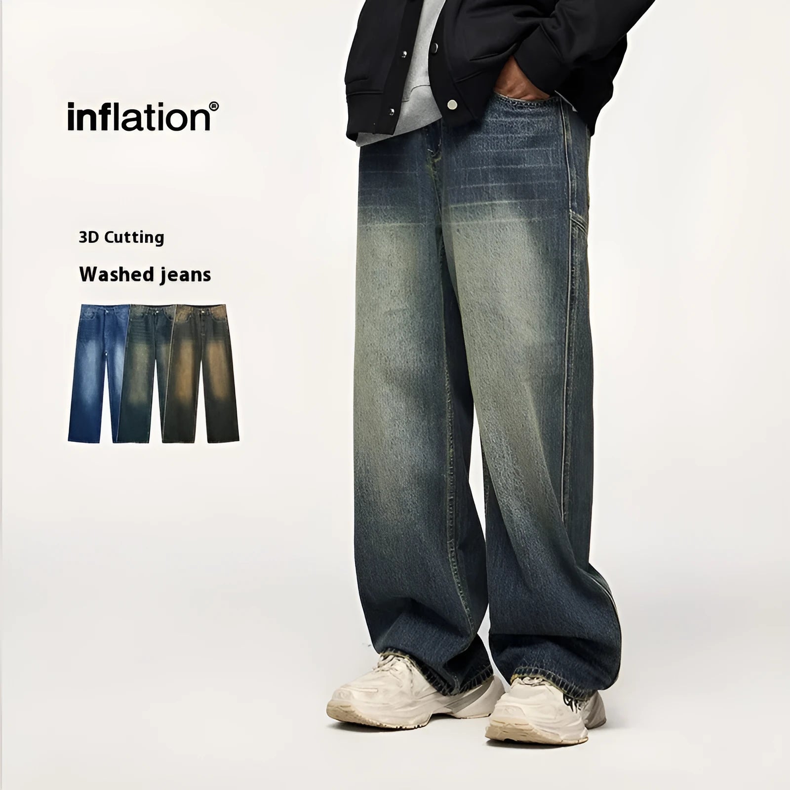 Men's washed cut wide leg jeans in straight leg style showing micro-elastic fabric and zipper fly
