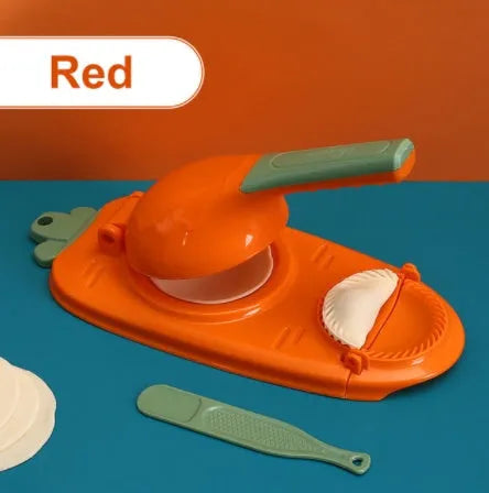 Orange and white plastic dumpling maker tool with ergonomic handle and hanging hole