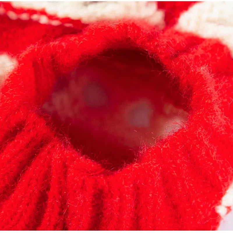 Red and white knitted pet sweater with cut-out detail and 3D cherry embroidery for small dogs and cats