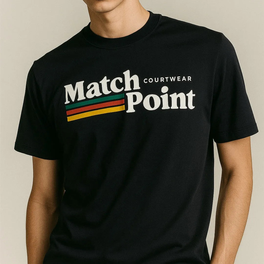 Black men's t-shirt with a digital printed text pattern, showing short sleeves and a round neck.