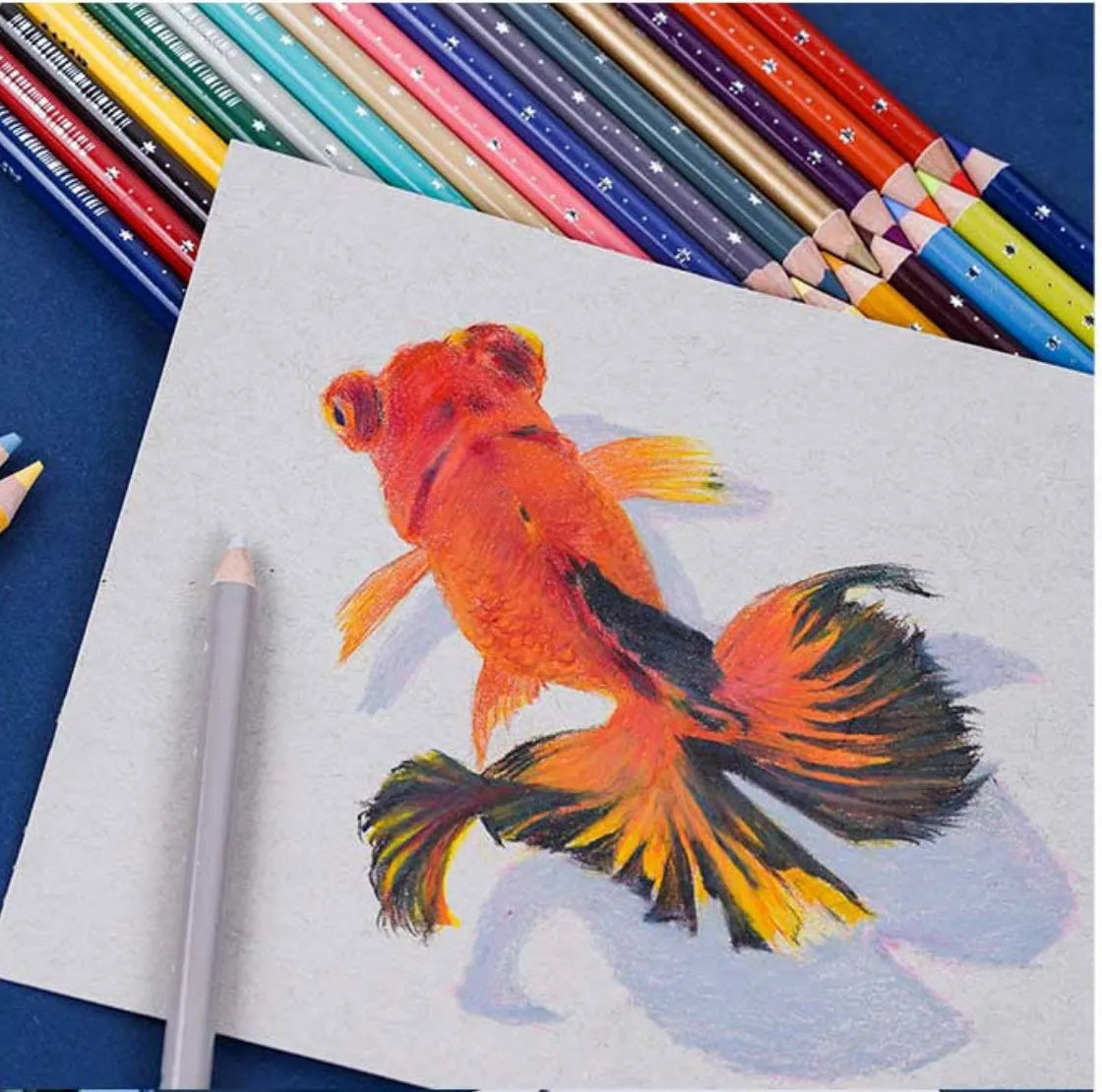 Boxed set of 72 colour pencils for art students and beginners, showing range of colours.