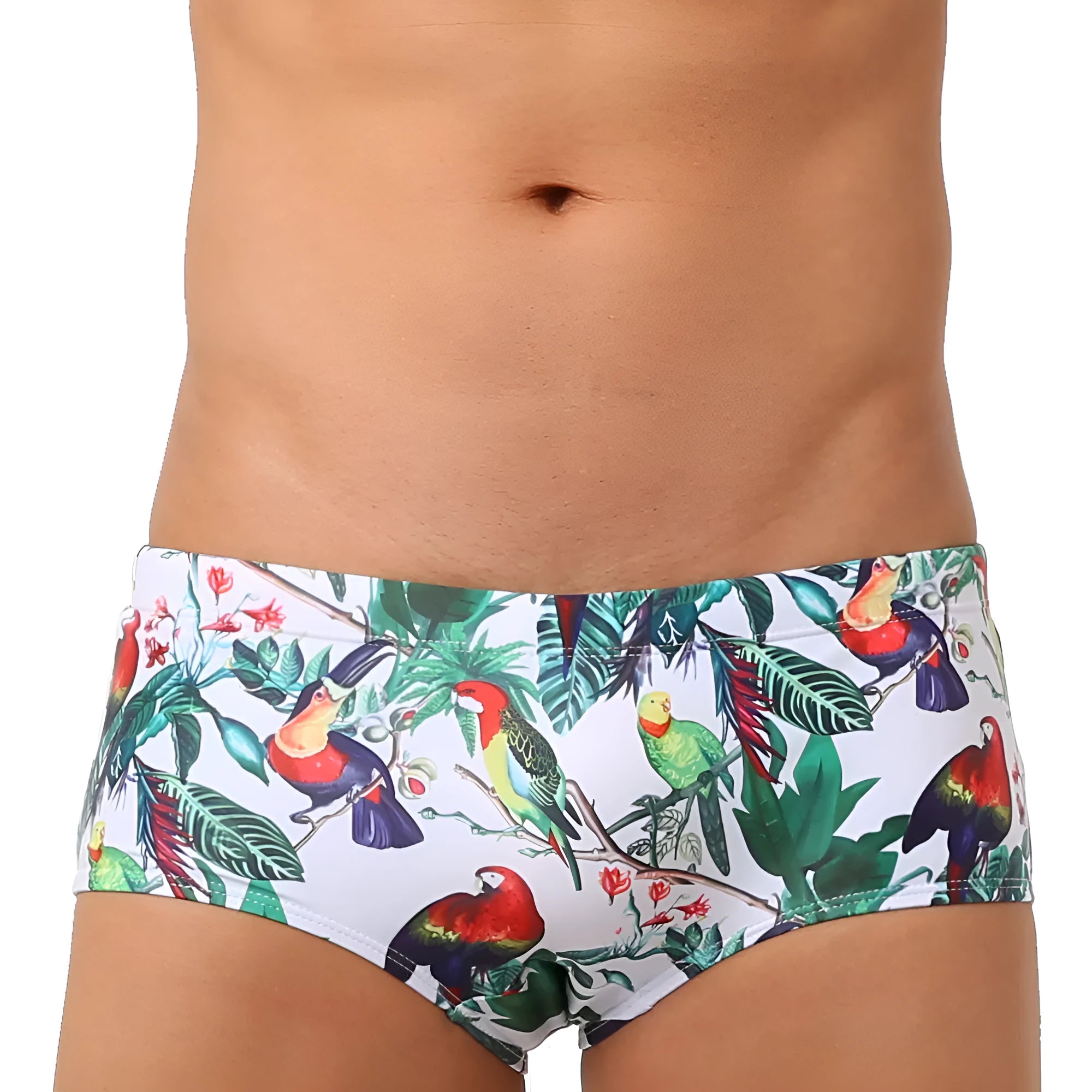 Men's swimming trunks with flower-bird print pattern in nylon fabric showing briefs style