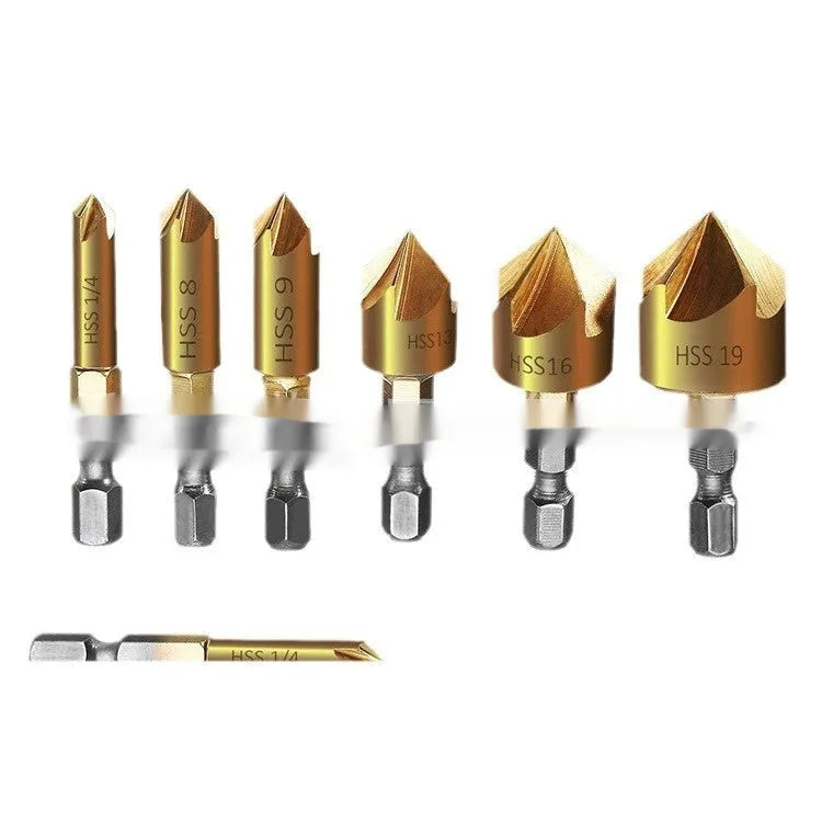 Titanium-plated high carbon steel five-blade chamferer six-piece set for woodworking holes sizes 6-19 mm