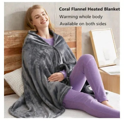 Dark grey USB heated flannel blanket showing soft coral fleece texture and attached USB cable