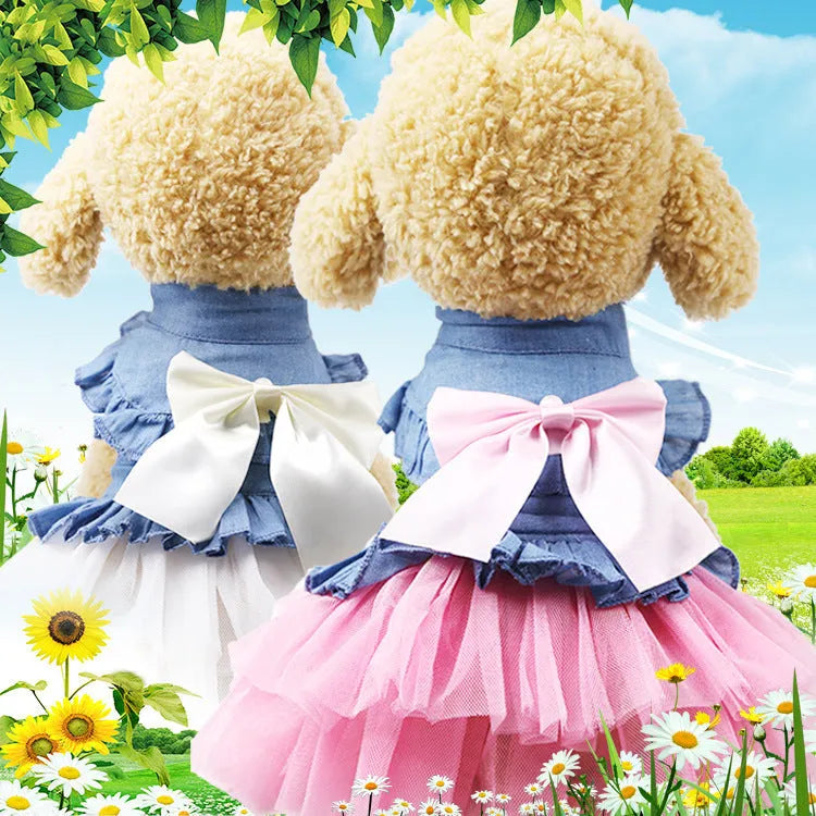 Korean style light blue denim skirt for a dog with a large white bow on the back