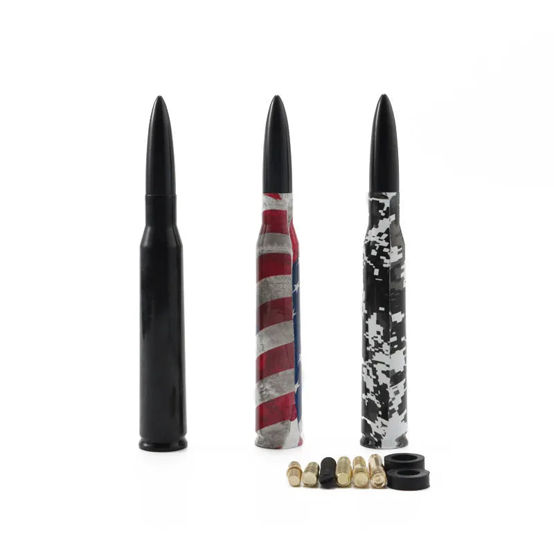 Universal 14cm car antenna shown in colour black, camouflage green, and American flag designs