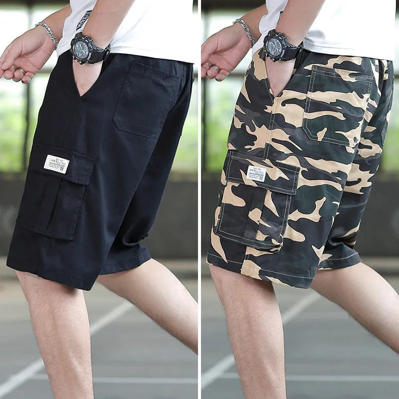 Loose fit men's casual trousers in camouflage colour with a Korean style and thin fifth pants design.
