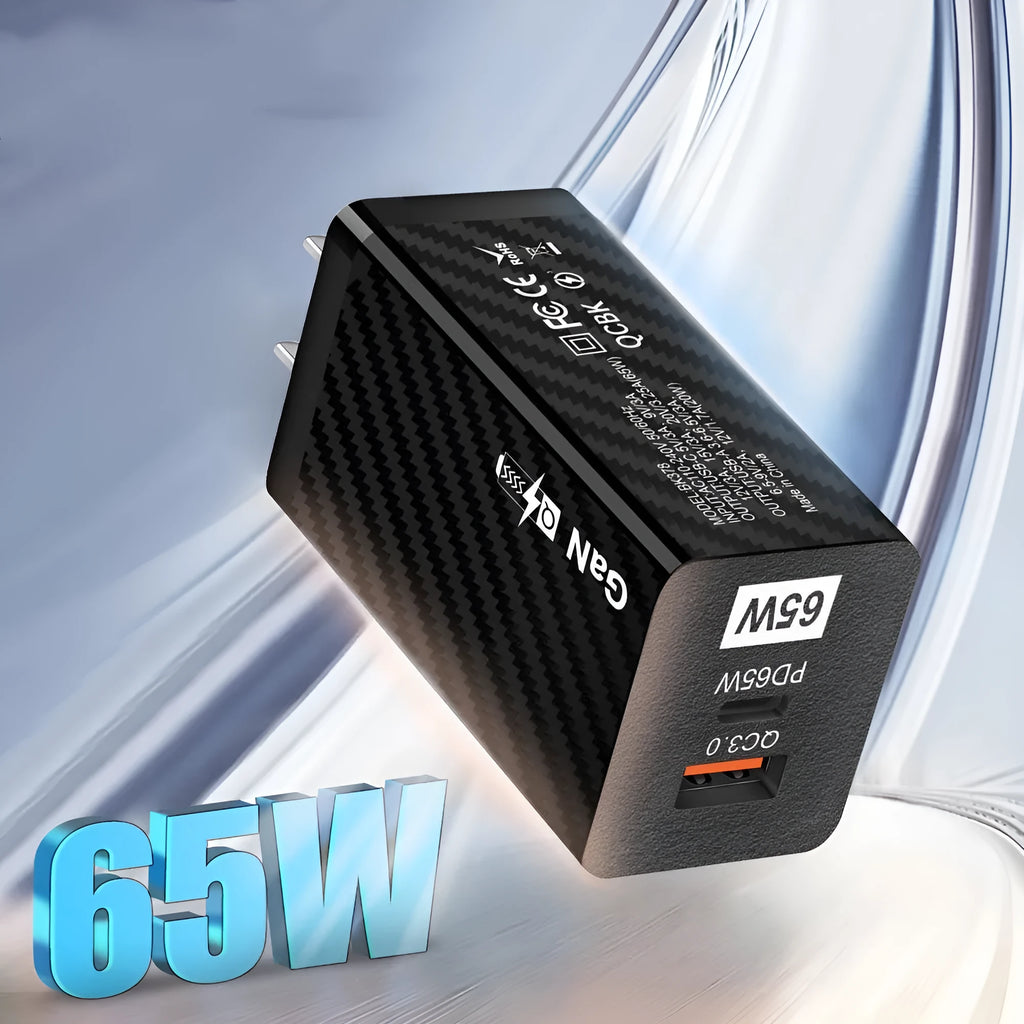 White Gallium Nitride 65W laptop charger with USB-C port showing compact 38mm width design