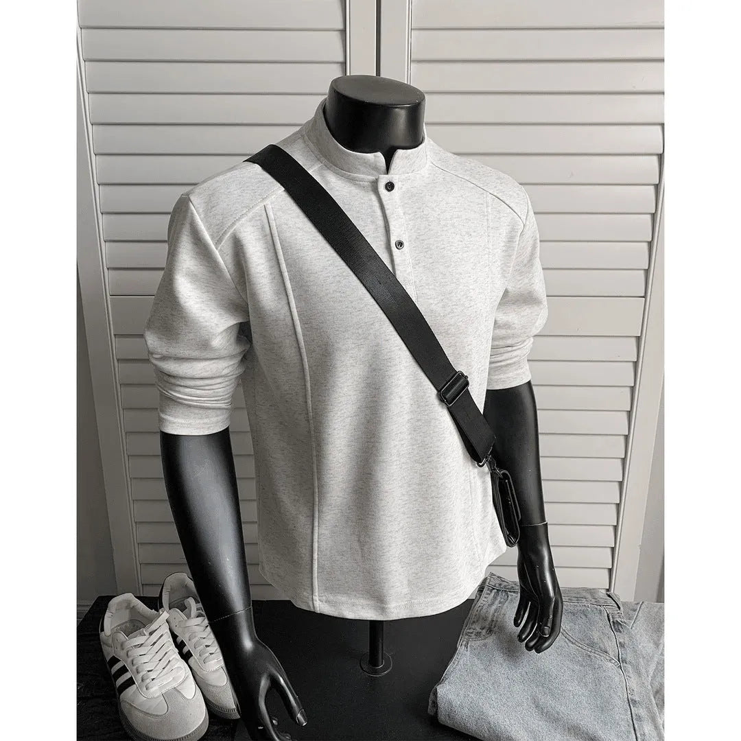 Men's stand-up collar polo shirt with asymmetric patchwork design in grey colour