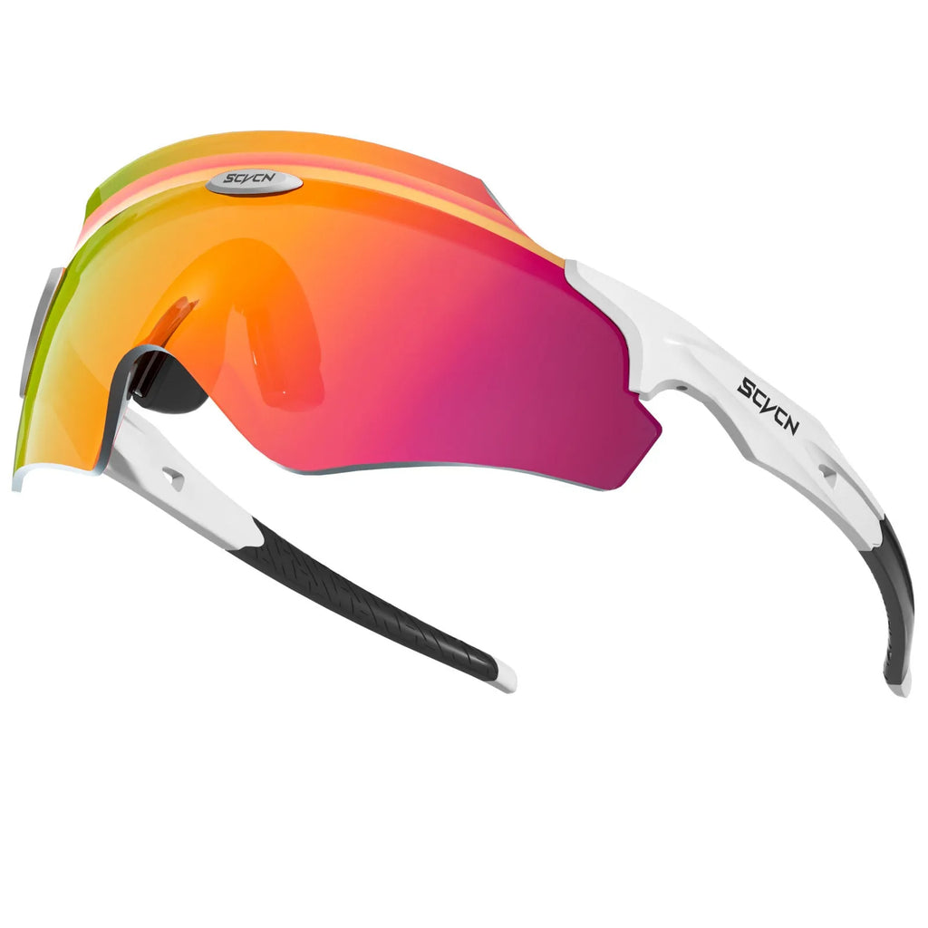Frameless athletic glasses with a colourful one-piece lens and windproof design.