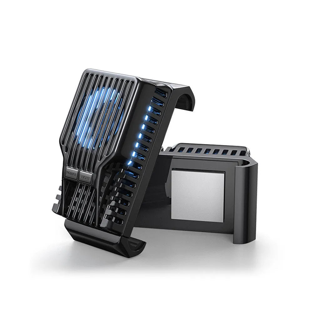Black clip-on mobile phone radiator with aluminium cooling fins for smartphones