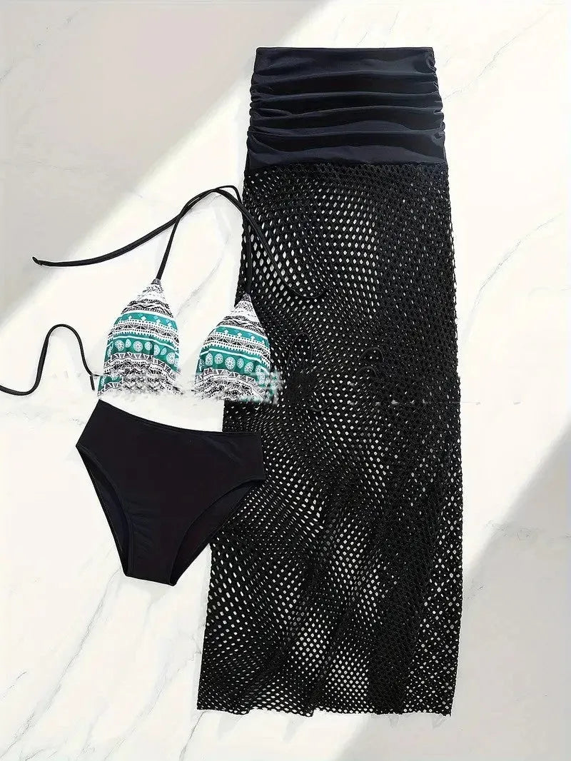Women's brown gradient bikini set with fishnet long skirt, shown as a three-piece swimwear outfit.