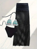 Women's brown gradient bikini set with fishnet long skirt, shown as a three-piece swimwear outfit.