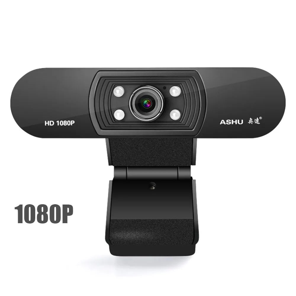 Black HD webcam with built-in microphone and glass lens on a laptop screen