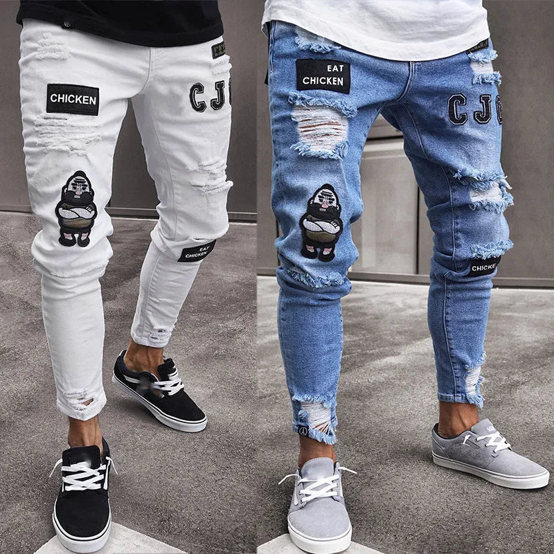 Men's slim fit embroidered jeans in blue with mid rise and zipper fly