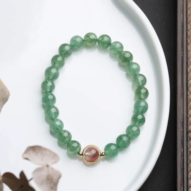 Natural green strawberry quartz bracelet with 7.5mm beads in geometric pattern