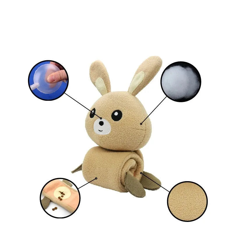 Poached bunny rabbit plush dog training toy with treat dispensing and sound features