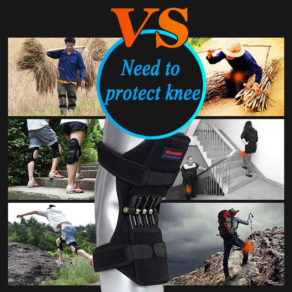 Black knee booster pair with carbon steel spring, adjustable Velcro straps, mesh ventilation and non-slip fabric, 29.5 x 28 x 27 cm