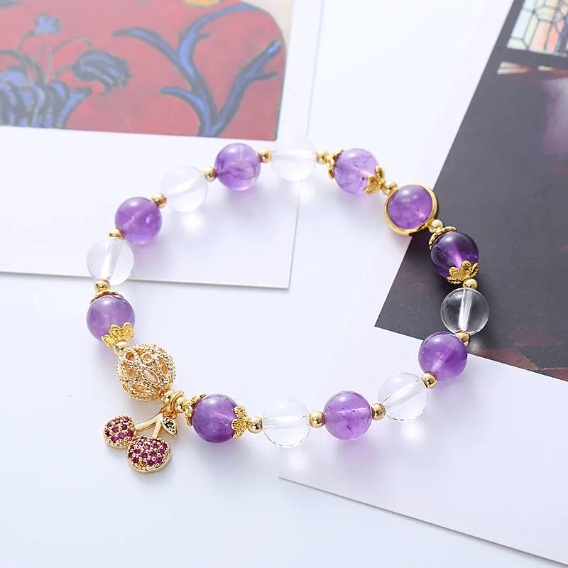 Purple crystal bracelet with micro-inlaid cherry blossom design and secure clasp for women