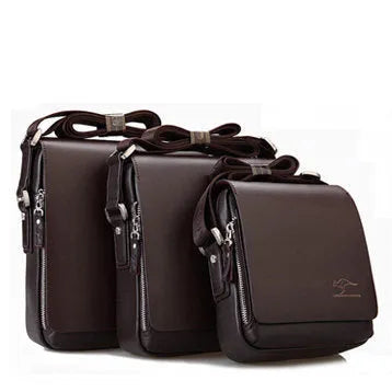 Men's PU leather messenger bag solid colour vertical model in Brown with cover closure and slit pocket
