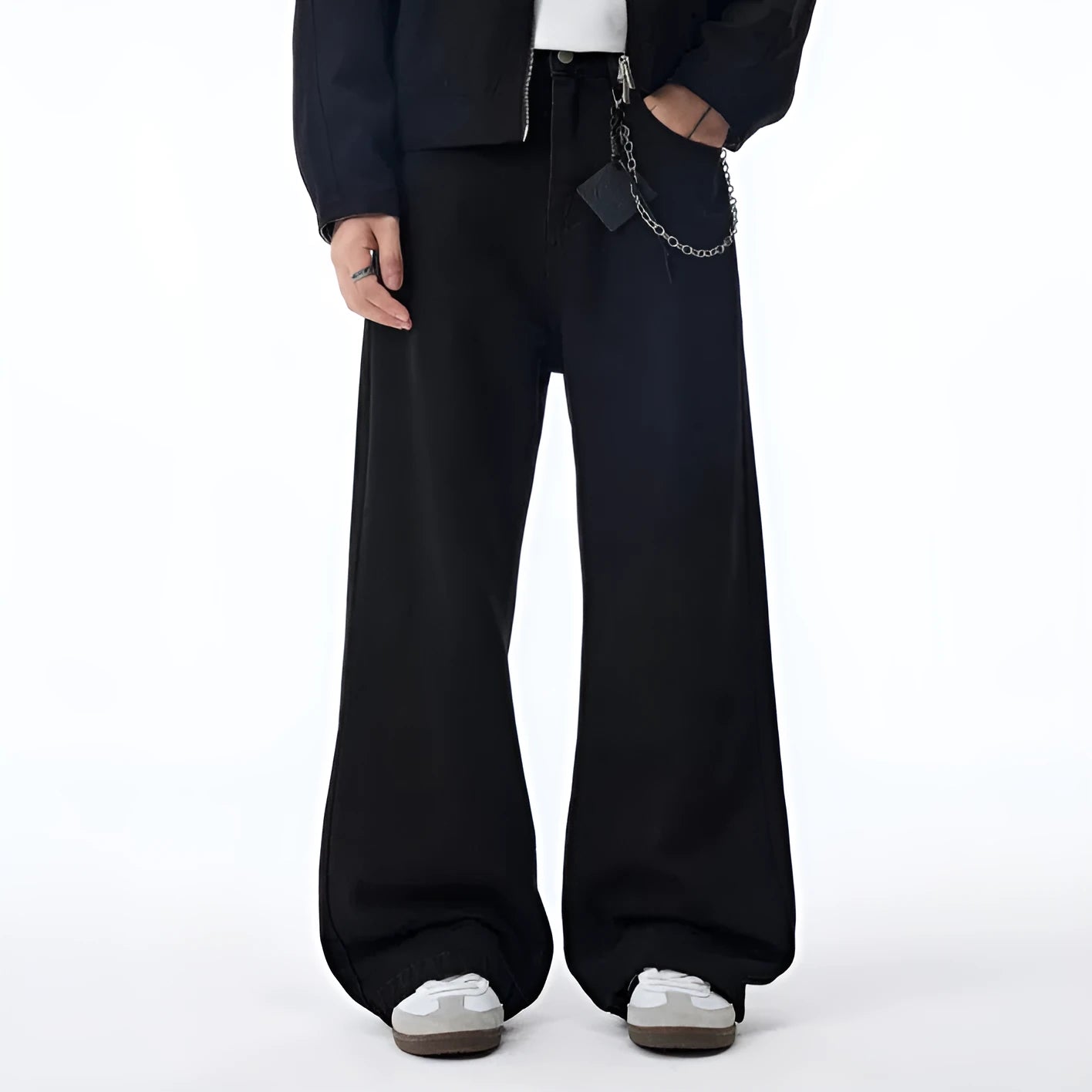Black straight-leg fleece-lined cotton jeans, American-style casual trousers for autumn and winter, solid colour