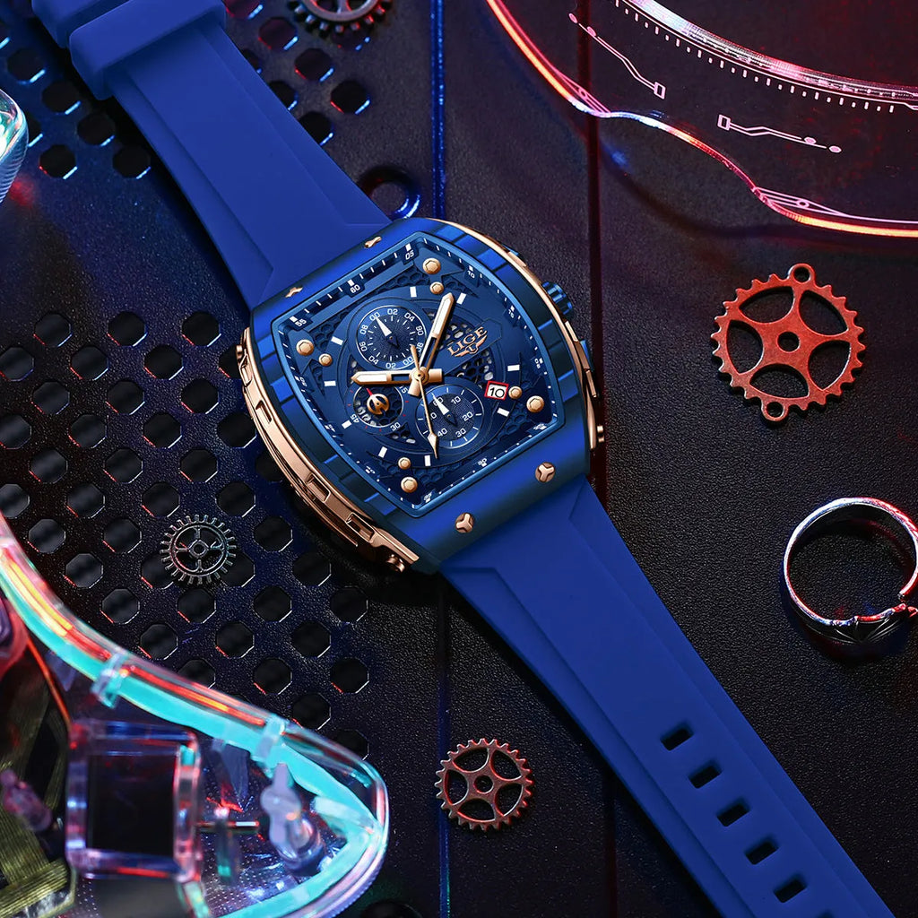 Men's sports quartz watch with 50mm dial, luminous hands, and stainless steel back in rose gold black.