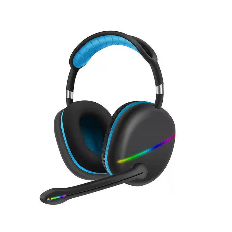 Wireless Bluetooth headset with RGB lighting effects in blue, pink, or red colours showing over-ear design