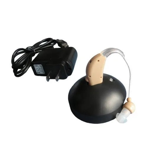 Rechargeable behind-the-ear digital hearing aid amplifier with mini plastic casing and detachable ear plugs.