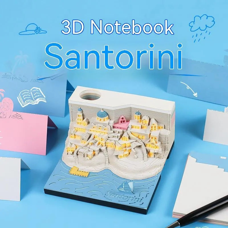 Illuminated 3D paper carving model of Santorini beach with integrated notepad