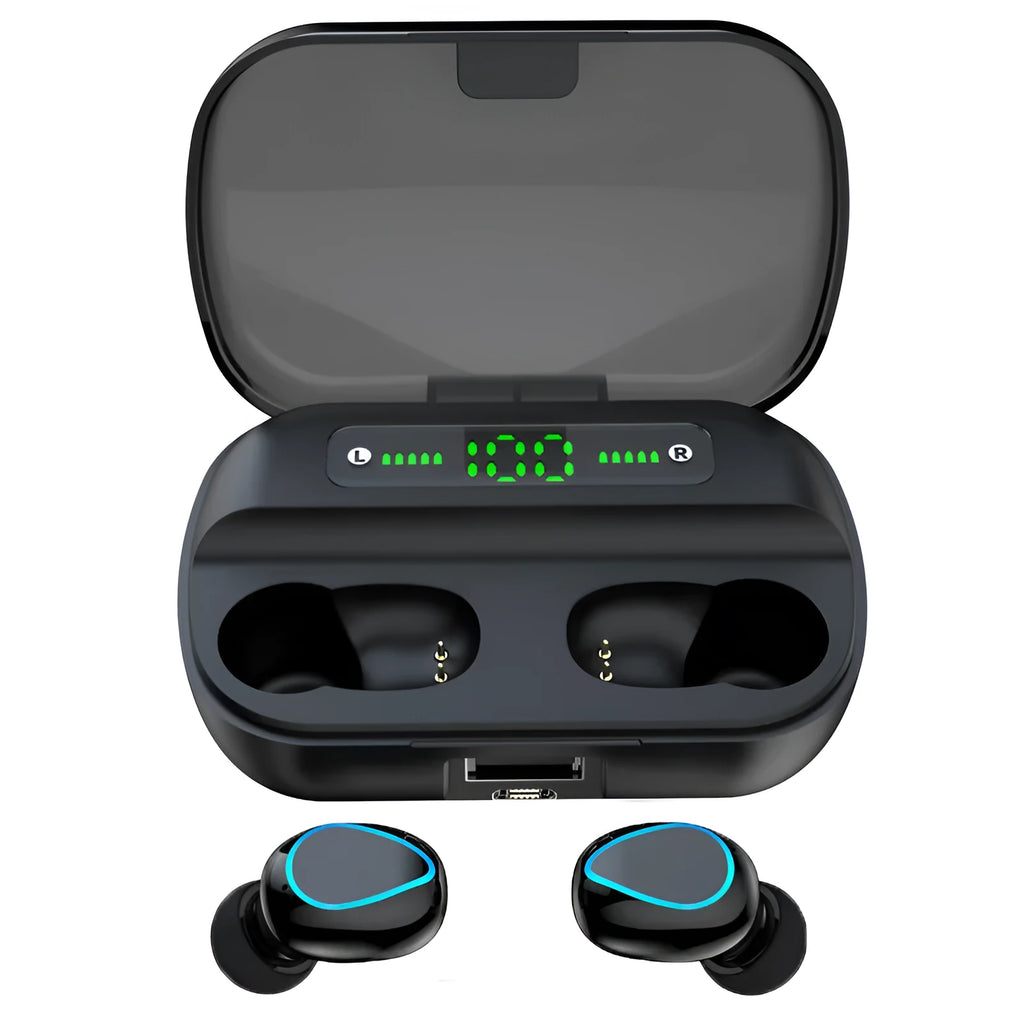 Wireless Bluetooth headset with dual earplug design showing connectivity and voice control features