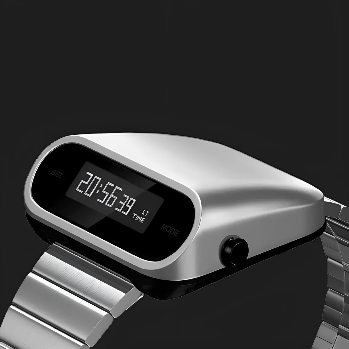 Multifunction electronic digital watch with black stainless steel strap, zinc alloy case, and OLED display.