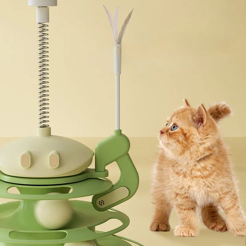 Rotating cat toy plate with four-layer tower, tracks, windmill, feather stick, and leaking food option, 25x25x41.5cm