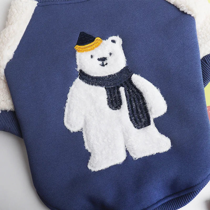 Dark blue fleece-lined cotton winter jacket for a large dog on a mannequin.