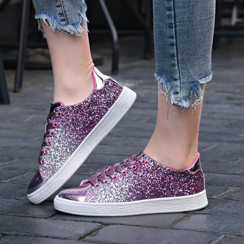 Women's casual low-top sequin shoes in gold with lace-up front and round toe.