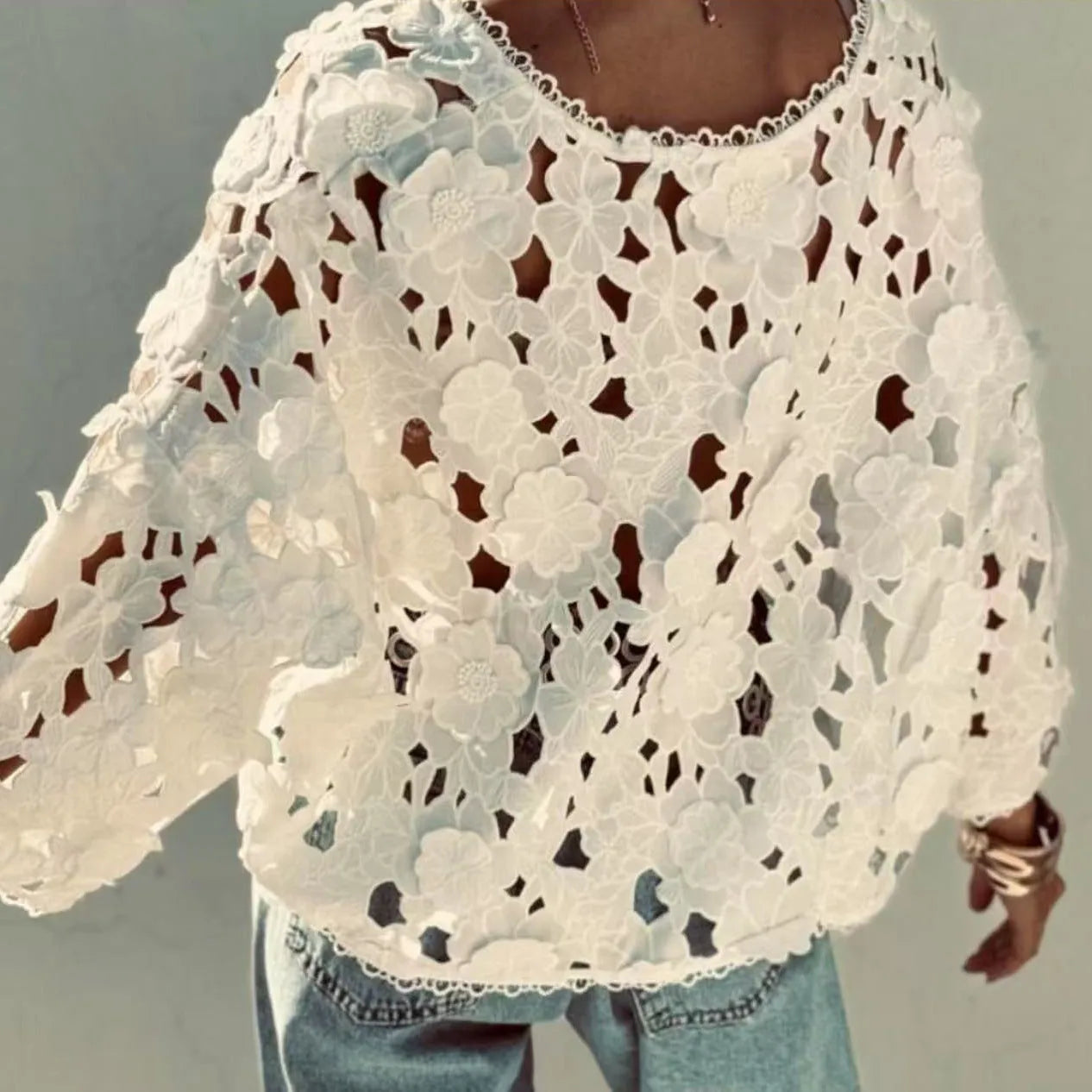 Women's black lace flower embroidered V-neck cardigan with loose fit and long sleeves