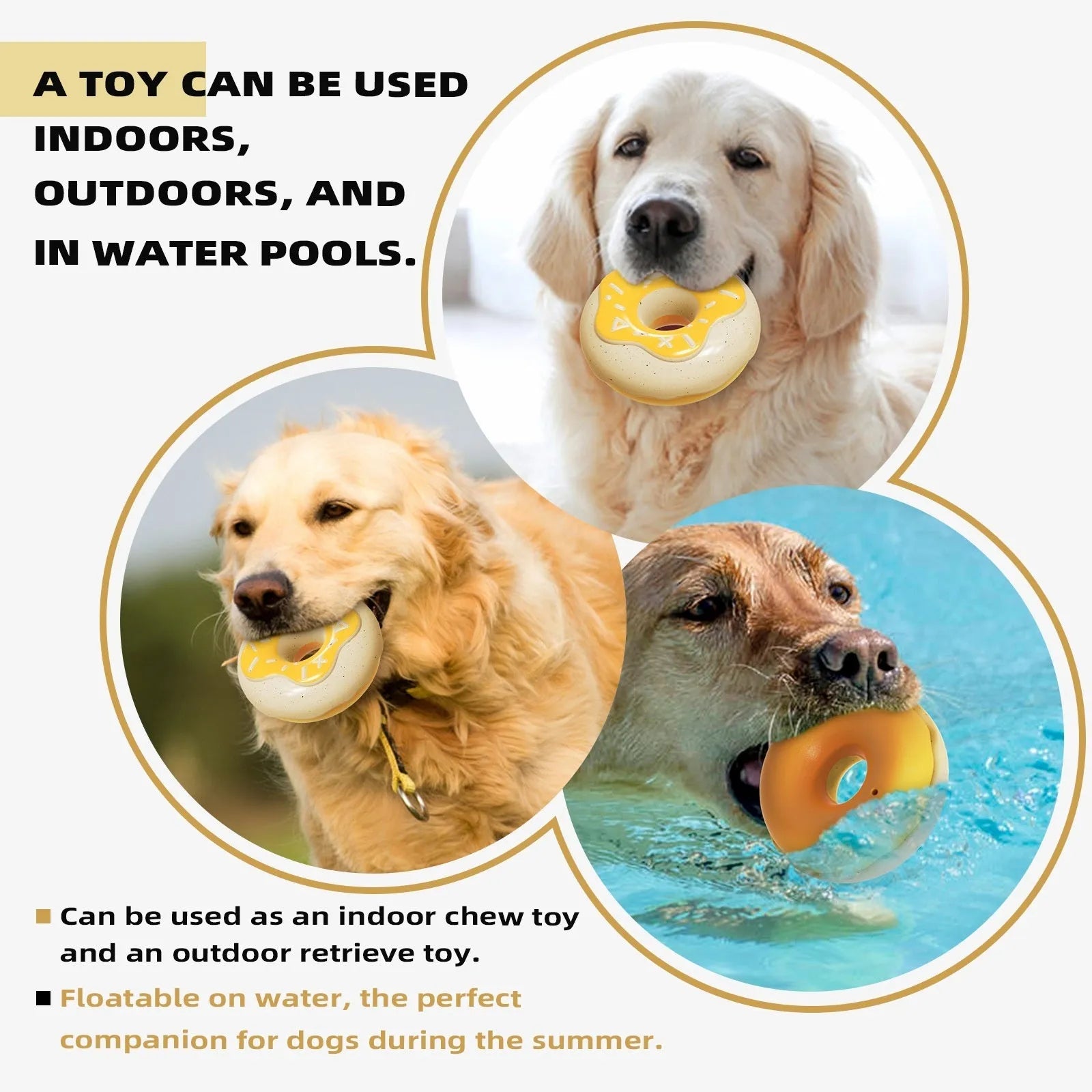 TPR donut-shaped dog toy in pink, chocolate, or yellow with dental cleaning texture
