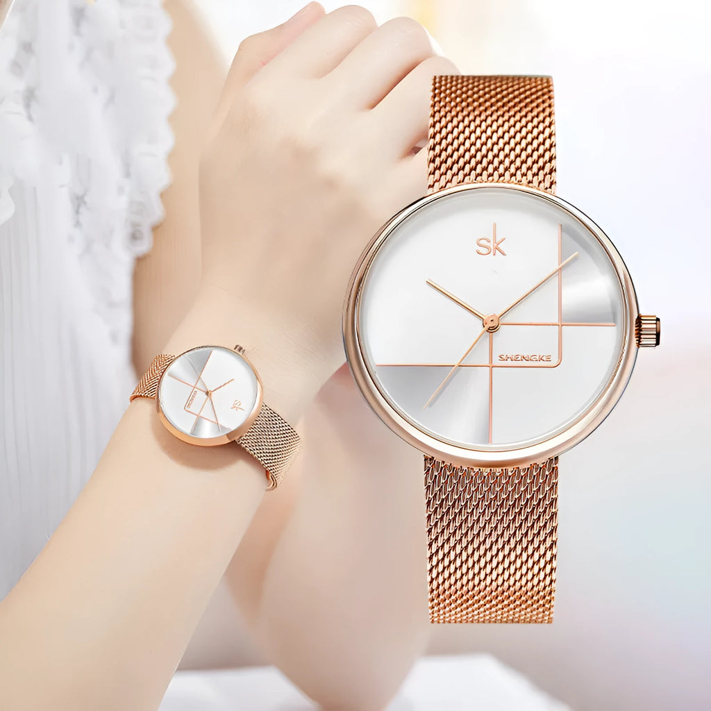 Women's geometric quartz watch with mesh strap in silver 34mm dial