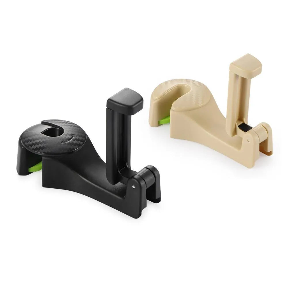 Black car headrest hook with phone holder, hanging a bag on a car seat