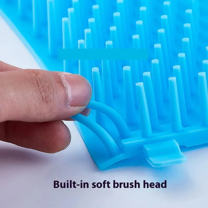 Blue silicone and plastic dog foot washing barrel with drainage hole for muddy paws