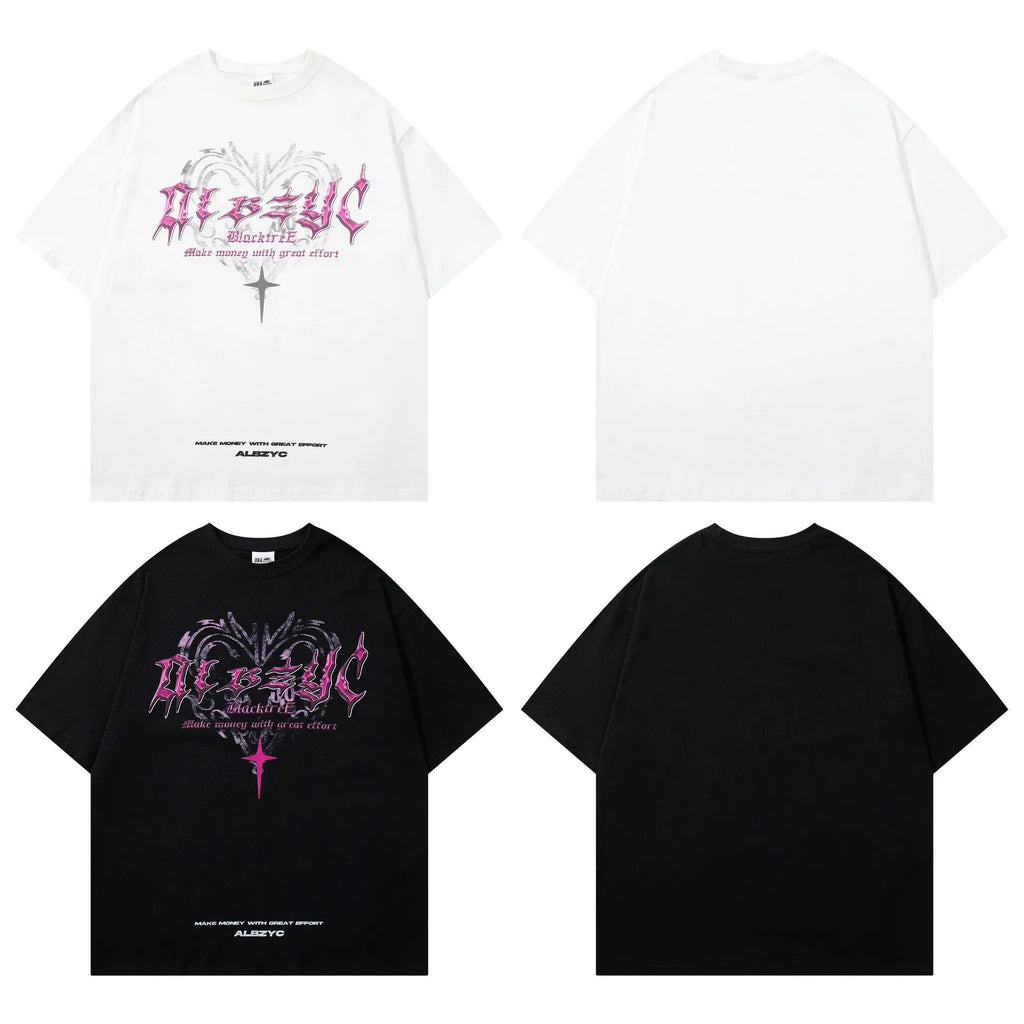 Retro printed loose fit cotton T-shirt for men in black, showing round neck and short sleeves.