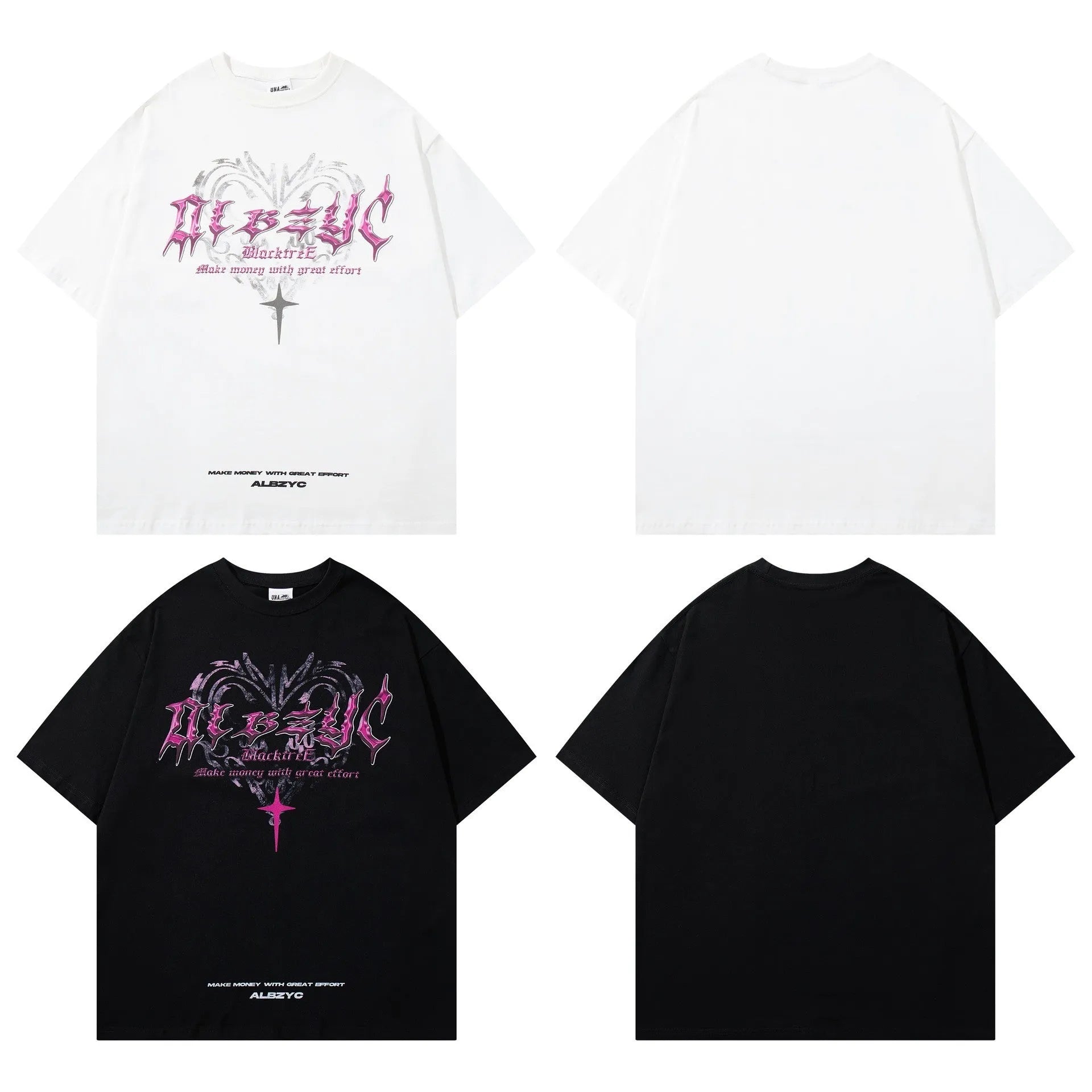 Retro printed loose fit cotton T-shirt for men in black, showing round neck and short sleeves.
