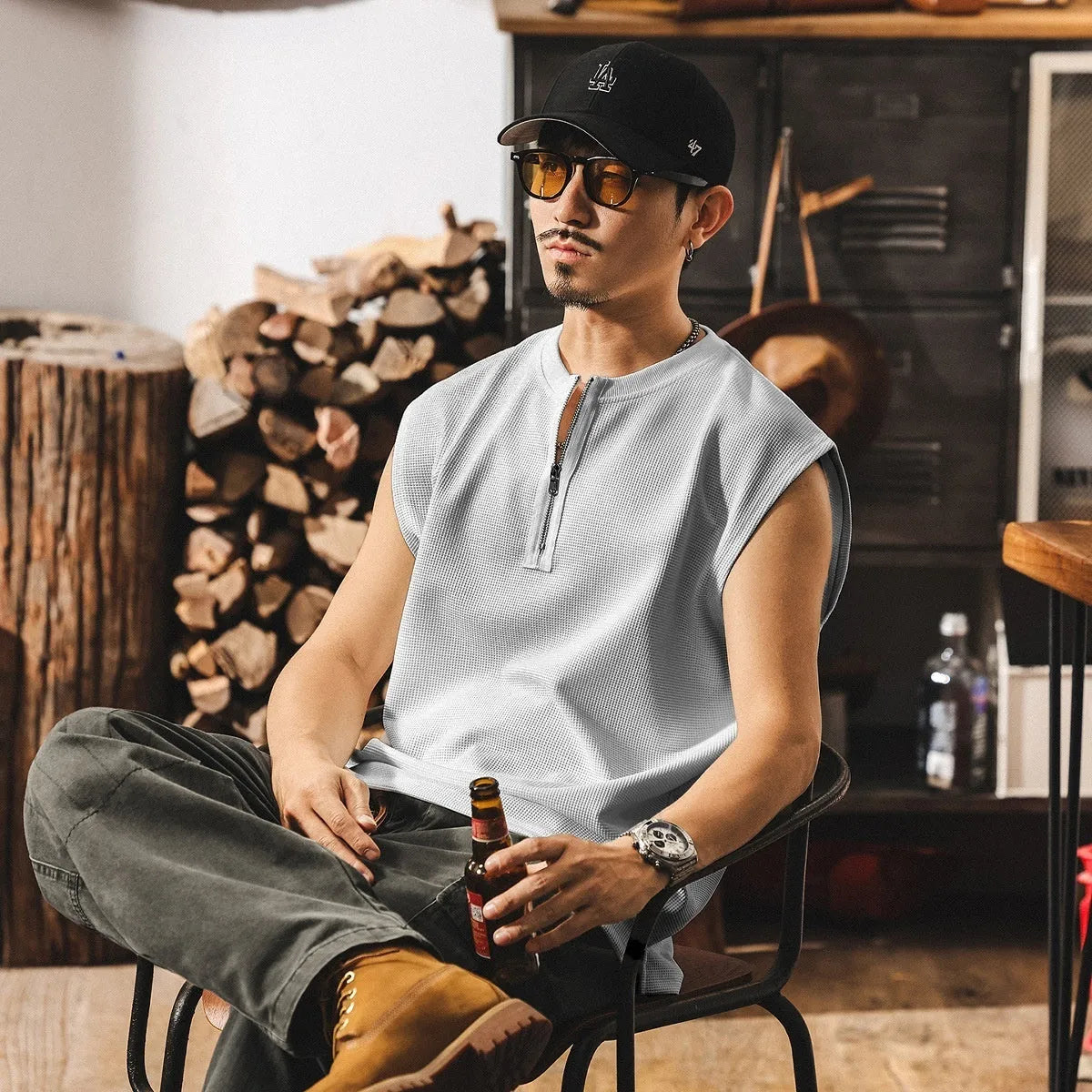 Men's loose waffle texture sports vest with zipper front, sleeveless polyester summer top in black, brown, light gray or white