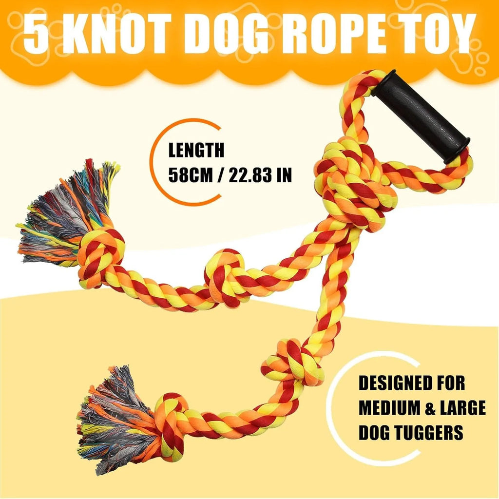 Blue and yellow durable cotton dog rope toy with ergonomic handle for large breed chewing and tug-of-war games.