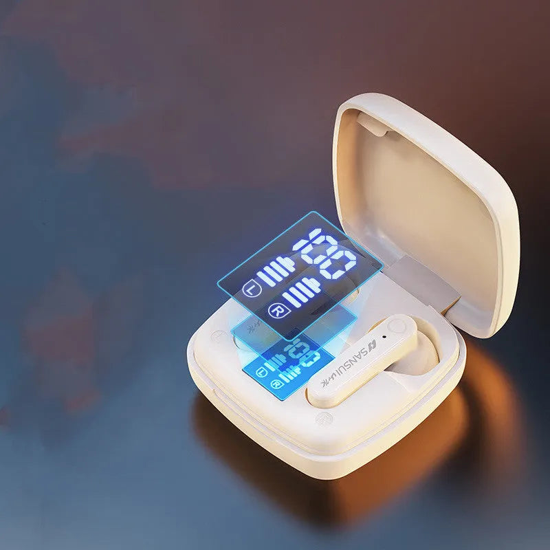 Dark night black wireless Bluetooth semi-in-ear earbuds with a digital battery display.