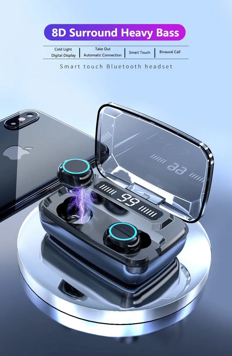 Black M11 wireless Bluetooth in-ear headphones with a matching charging case showing digital battery display.