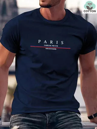 Men's loose-fitting short-sleeved cotton T-shirt with a printed letter design.